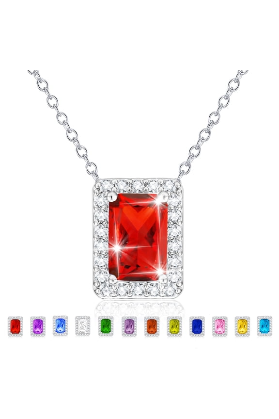 S925 Sterling Silver Plated Rectangle Necklaces for Women Girls CZ January Birthstone Pendant with Red Garnet Birthday Easter Basket Stuffers Jewelry Gifts Teen Her Adults Girlfriend Kids