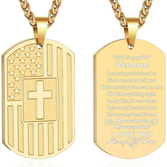 APSVO Gold Dog Tag Cross Necklaces for Men to My Husband Gifts from Wife American Flag Pendant Chain Religious Christian Birthday Valentines Day Jewelry Gifts Him Husband Male Adults Boyfriend Ideas