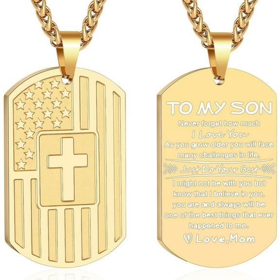 APSVO Gold Dog Tag Cross Necklaces for Men Boys to My Son Gifts from Mom American Flag Pendant Chain Catholic Christian Religious Birthday Valentines Day Jewelry Gifts Teen Him Male Kids Ideas