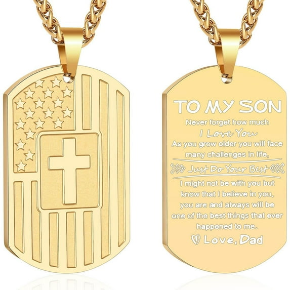 APSVO Gold Dog Tag Cross Necklaces for Men Boys to My Son Gifts from Dad American Flag Pendant Chain Catholic Christian Religious Birthday Valentines Day Jewelry Gifts Teen Him Kids Adults Ideas