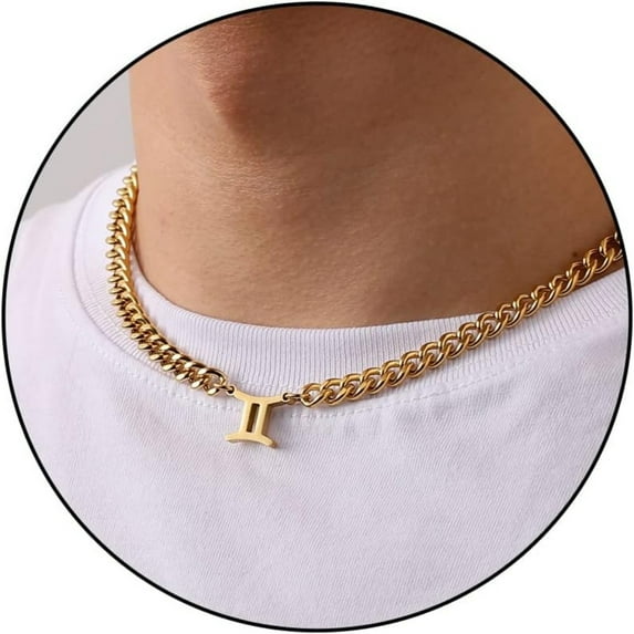 Apsvo Gold Gemini Constellation Horoscope Astrology Zodiac Necklace Pendant for Men Women, Stainless Steel Cuban Chain Necklace 18+2 Inches Chain Birthday Christmas Jewelry Gift