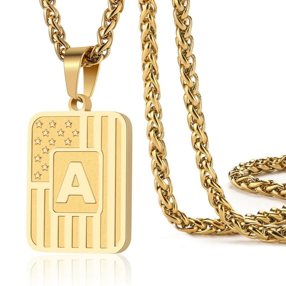 Apsvo Gold Initial Necklaces for Men Women Son Boyfriend Stainless Steel American Flag Stars Dog Tag Name Alphabet Letter Pendant Necklace Birthday Christmas Gift Jewelry 20+2 Inch Chain