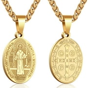 APSVO Gold Saint St Benedict Necklaces for Men Boys Stainless Steel Medal Pendant Chain Christian Religious Catholic Birthday First Communion Graduation Fathers Day Jewelry Gifts Teen Him Dad Kids