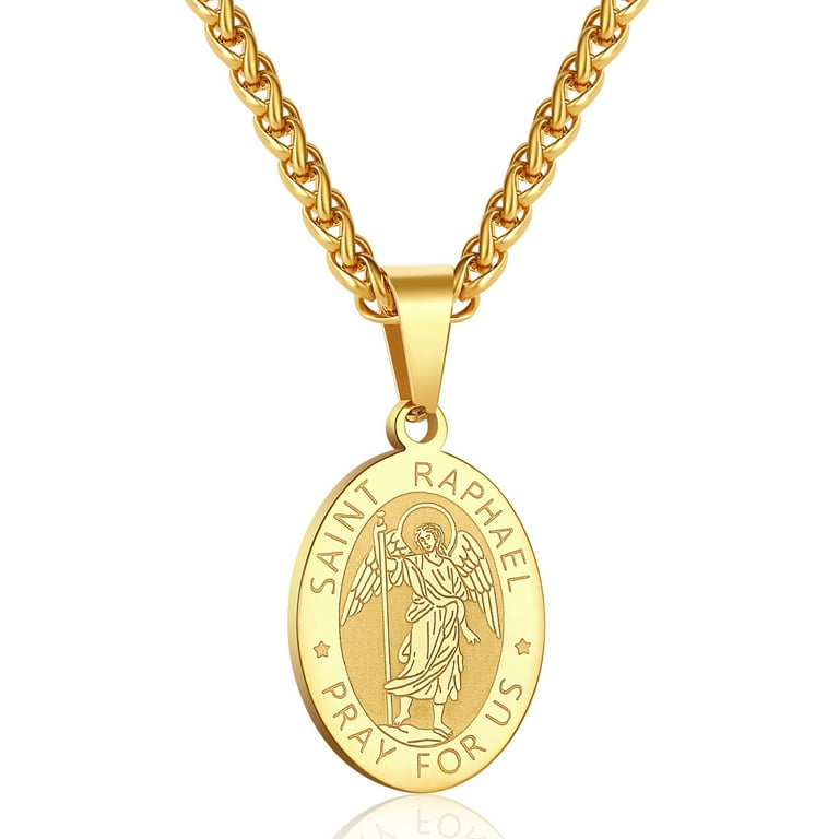 Apsvo Gold Saint St Raphael Medal Necklace Pendant for Men 24 In