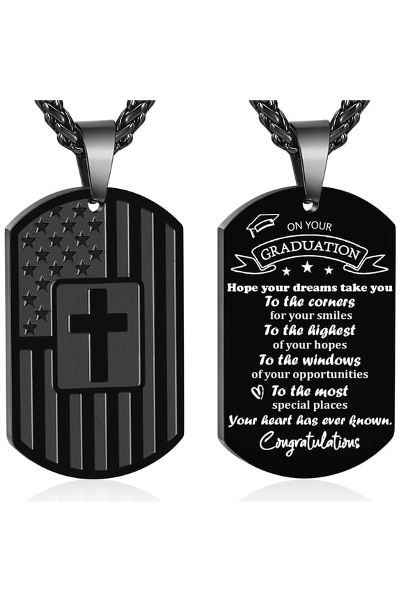 2026 Graduation Gift for Him Teenages Teen Boyfriend Brother Son Grandson Black Dog Tag Cross Necklace for Men Stainless Steel Dog Tag Pendant Chain Religious Christian Catholic Jewelry Gifts