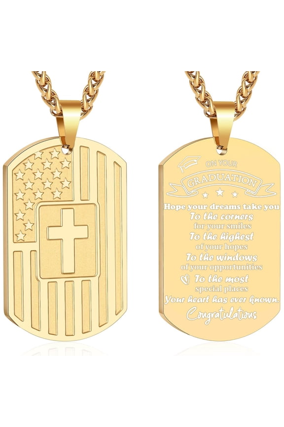 2026 Graduation Gift for Him Teenages Teen Boyfriend Brother Son Grandson Gold Dog Tag Cross Necklace for Men Stainless Steel Dog Tag Pendant Chain Religious Christian Catholic Jewelry Gifts