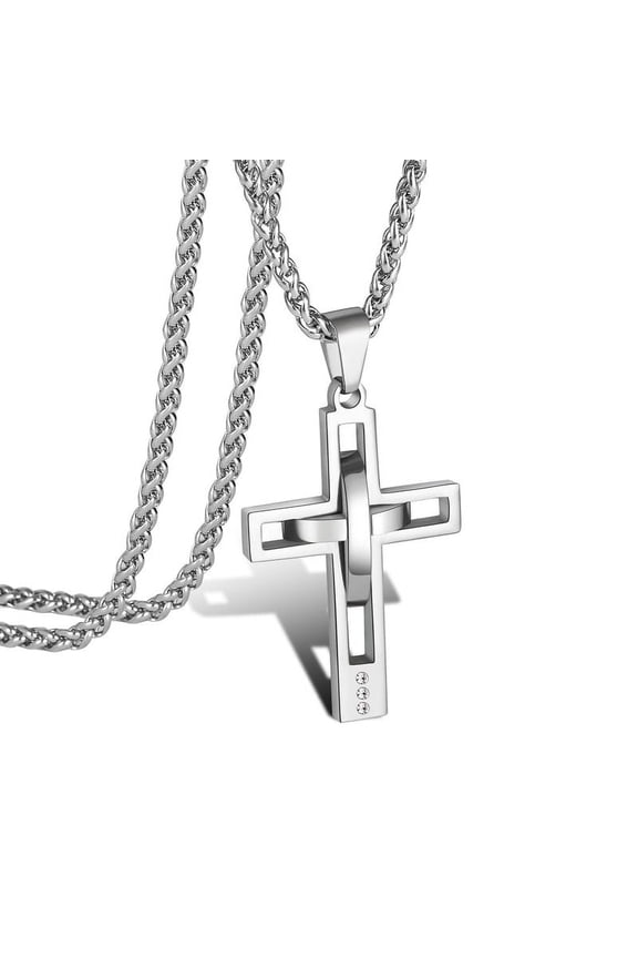 Silver Cross Necklaces for Men Boys Stainless Steel Cross Pendant Chain Catholic Religious Christian Birthday Confirmation First Communion Graduation Fathers Day Jewelry Gifts Teen Dad Him Kids
