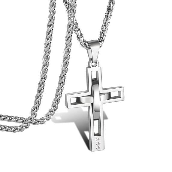 APSVO Silver Cross Necklaces for Men Boys Stainless Steel Cross Pendant Chain Catholic Religious Christian Birthday Confirmation First Communion Easter Basket Stuffers Jewelry Gifts Teen Adults Kids