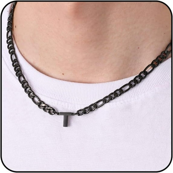 APSVO Black Initial Necklaces for Men Boys Women Stainless Steel Figaro Letter T Pendent Chain Birthday Valentines Day Jewelry Gifts Teen Him Boyfriend Husband Adults Male Son Tween Kids Age Ideas