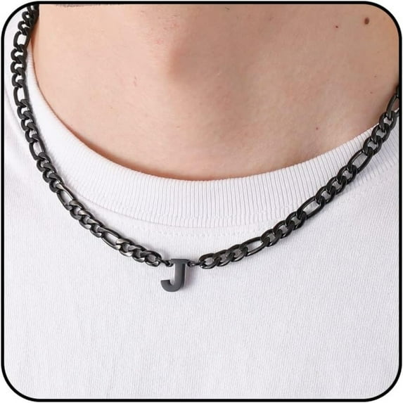 APSVO Black Initial Necklaces for Men Boys Women Stainless Steel Figaro Letter J Pendent Chain Birthday Valentines Day Jewelry Gifts Teen Him Boyfriend Husband Adults Male Son Tween Kids Age Ideas