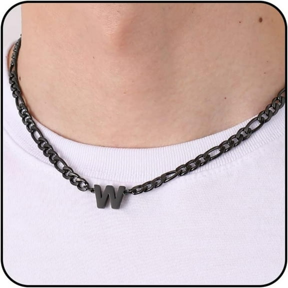 APSVO Black Initial Necklaces for Men Boys Women Stainless Steel Figaro Letter W Pendent Chain Birthday Valentines Day Jewelry Gifts Teen Him Boyfriend Husband Adults Male Son Tween Kids Age Ideas