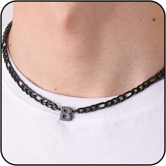 APSVO Black Initial Necklaces for Men Boys Women Stainless Steel Figaro Letter B Pendent Chain Birthday Valentines Day Jewelry Gifts Teen Him Boyfriend Husband Adults Male Son Tween Kids Age Ideas