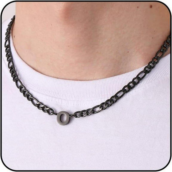 APSVO Black Initial Necklaces for Men Boys Women Stainless Steel Figaro Letter O Pendent Chain Birthday Valentines Day Jewelry Gifts Teen Him Boyfriend Husband Adults Male Son Tween Kids Age Ideas