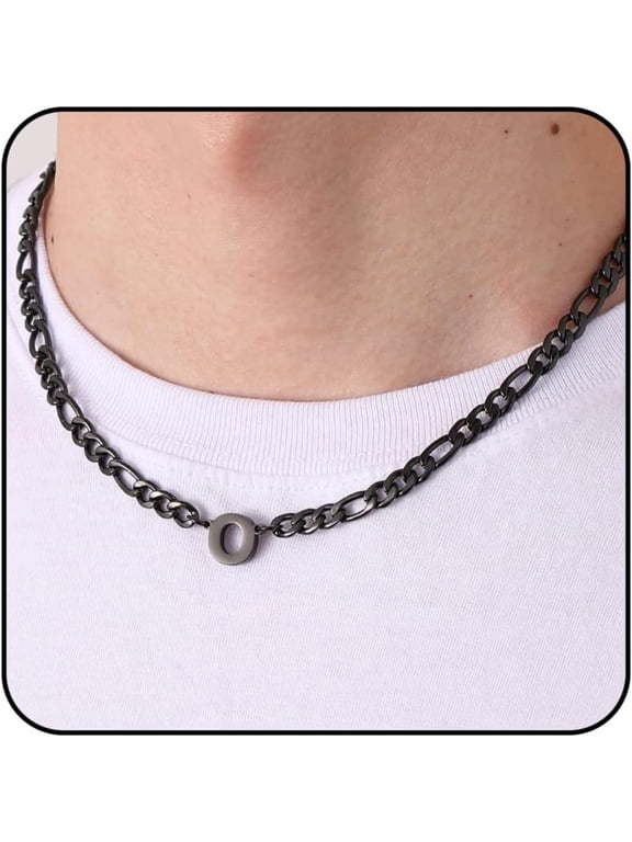 Black Initial Necklaces for Men Boys Women Stainless Steel Figaro Letter O Pendent Chain Birthday Graduation Fathers Day Jewelry Gifts Teen Him Dad Boyfriend Adults Male Son Kids Age Ideas