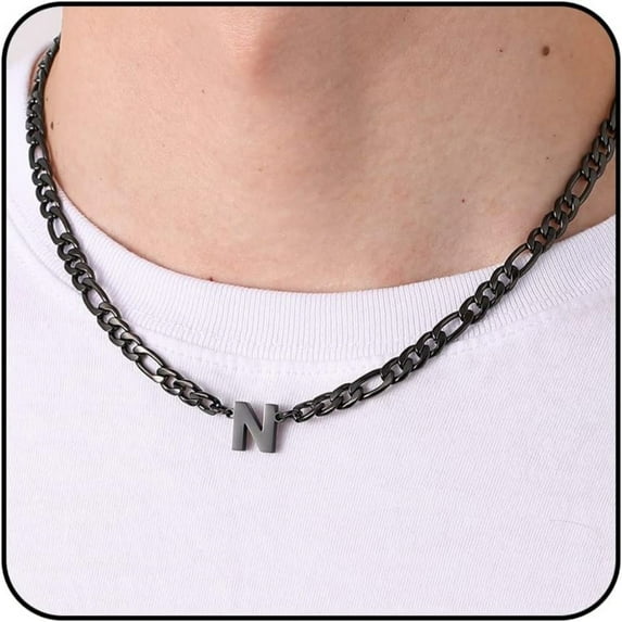 APSVO Black Initial Necklaces for Men Boys Women Stainless Steel Figaro Letter N Pendent Chain Birthday Valentines Day Jewelry Gifts Teen Him Boyfriend Husband Adults Male Son Tween Kids Age Ideas