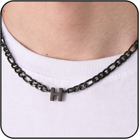 APSVO Black Initial Necklaces for Men Boys Women Stainless Steel Figaro Letter H Pendent Chain Birthday Valentines Day Jewelry Gifts Teen Him Boyfriend Husband Adults Male Son Tween Kids Age Ideas