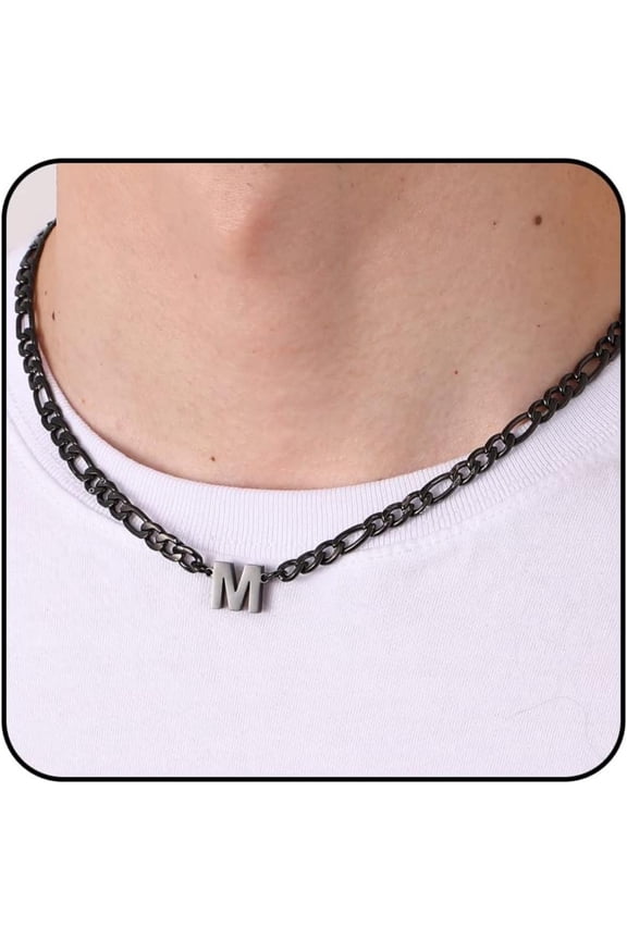 Black Initial Necklaces for Men Boys Women Stainless Steel Figaro Letter M Pendent Chain Birthday Graduation Fathers Day Jewelry Gifts Teen Him Dad Boyfriend Adults Male Son Kids Age Ideas