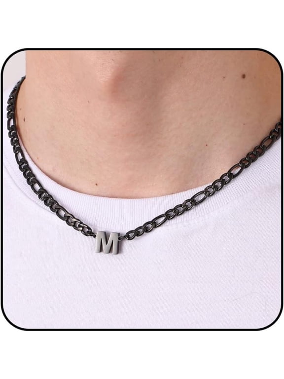 Black Initial Necklaces for Men Boys Women Stainless Steel Figaro Letter M Pendent Chain Birthday Graduation Fathers Day Jewelry Gifts Teen Him Dad Boyfriend Adults Male Son Kids Age Ideas