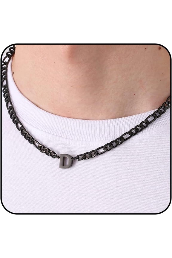 Black Initial Necklaces for Men Boys Women Stainless Steel Figaro Letter D Pendent Chain Birthday Easter Basket Stuffers Jewelry Gifts Teen Him Boyfriend Adults Male Son Tween Kids Age Ideas