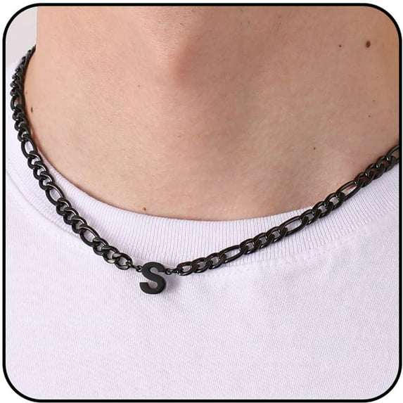 APSVO Black Initial Necklaces for Men Boys Women Stainless Steel Figaro Letter S Pendent Chain Birthday Valentines Day Jewelry Gifts Teen Him Boyfriend Husband Adults Male Son Tween Kids Age Ideas