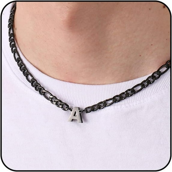 APSVO Black Initial Necklaces for Men Boys Women Stainless Steel Figaro Letter A Pendent Chain Birthday Valentines Day Jewelry Gifts Teen Him Boyfriend Husband Adults Male Son Tween Kids Age Ideas