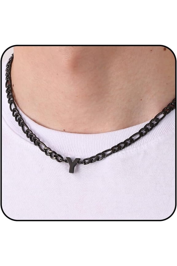 Black Initial Necklaces for Men Boys Women Stainless Steel Figaro Letter Y Pendent Chain Birthday Valentines Day Jewelry Gifts Teen Him Boyfriend Husband Adults Male Son Tween Kids Age Ideas