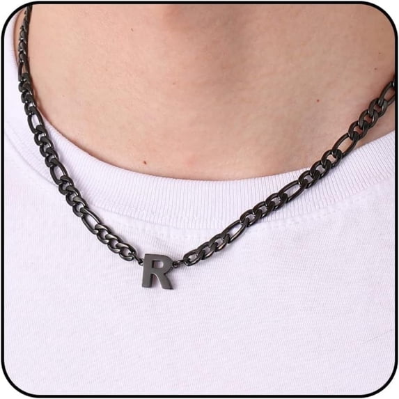 APSVO Black Initial Necklaces for Men Boys Women Stainless Steel Figaro Letter R Pendent Chain Birthday Graduation Fathers Day Jewelry Gifts Teen Him Dad Boyfriend Adults Male Son Kids Age Ideas