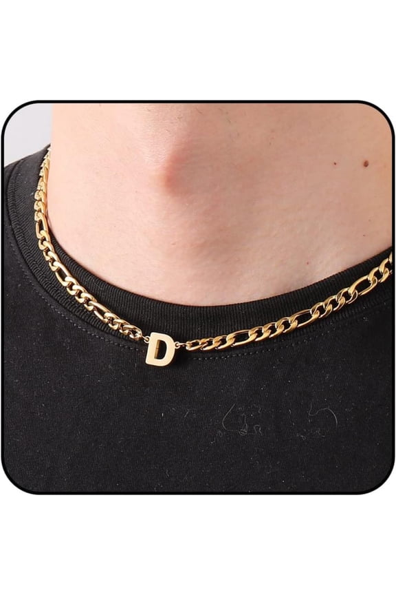 Gold Initial Necklaces for Men Boys Women Stainless Steel Figaro Letter D Pendent Chain Birthday Easter Basket Stuffers Jewelry Gifts Teen Him Boyfriend Adults Male Son Tween Kids Age Ideas