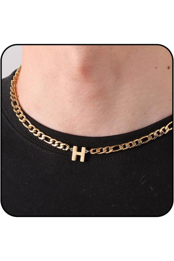 Gold Initial Necklaces for Men Boys Women Stainless Steel Figaro Letter H Pendent Chain Birthday Graduation Fathers Day Jewelry Gifts Teen Him Dad Boyfriend Adults Male Son Kids Age Ideas