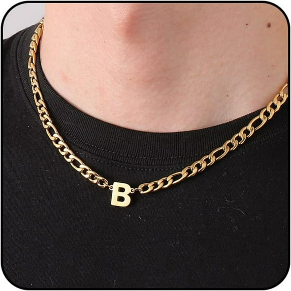 APSVO Gold Initial Necklaces for Men Boys Women Stainless Steel Figaro Letter B Pendent Chain Birthday Valentines Day Jewelry Gifts Teen Him Boyfriend Husband Adults Male Son Tween Kids Age Ideas