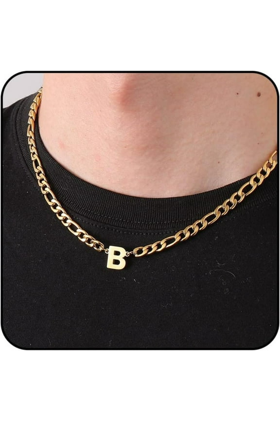 Gold Initial Necklaces for Men Boys Women Stainless Steel Figaro Letter B Pendent Chain Birthday Valentines Day Jewelry Gifts Teen Him Boyfriend Husband Adults Male Son Tween Kids Age Ideas