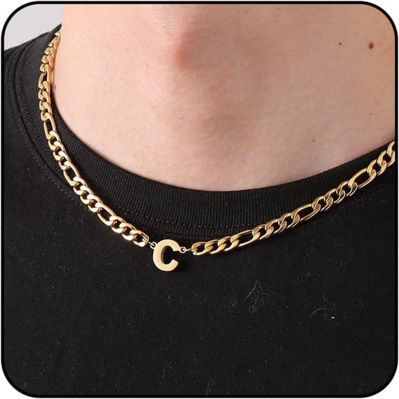 APSVO Gold Initial Necklaces for Men Boys Women Stainless Steel Figaro Letter C Pendent Chain Birthday Graduation Fathers Day Jewelry Gifts Teen Him Dad Boyfriend Adults Male Son Kids Age Ideas