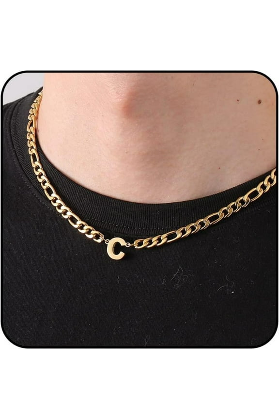 Gold Initial Necklaces for Men Boys Women Stainless Steel Figaro Letter C Pendent Chain Birthday Easter Basket Stuffers Jewelry Gifts Teen Him Boyfriend Adults Male Son Tween Kids Age Ideas