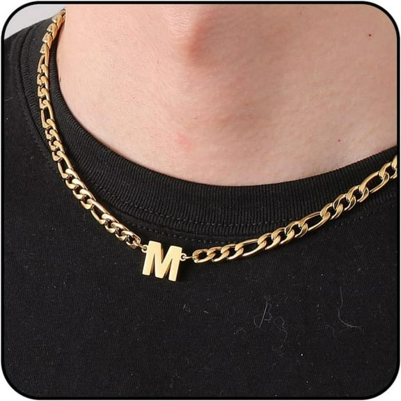 APSVO Gold Initial Necklaces for Men Boys Women Stainless Steel Figaro Letter M Pendent Chain Birthday Valentines Day Jewelry Gifts Teen Him Boyfriend Husband Adults Male Son Tween Kids Age Ideas