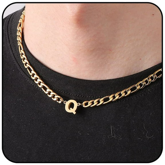 APSVO Gold Initial Necklaces for Men Boys Women Stainless Steel Figaro Letter Q Pendent Chain Birthday Valentines Day Jewelry Gifts Teen Him Boyfriend Husband Adults Male Son Tween Kids Age Ideas