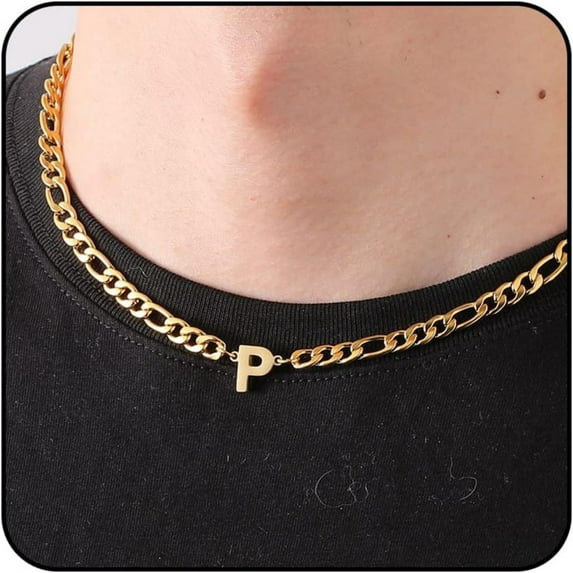 APSVO Gold Initial Necklaces for Men Boys Women Stainless Steel Figaro Letter P Pendent Chain Birthday Valentines Day Jewelry Gifts Teen Him Boyfriend Husband Adults Male Son Tween Kids Age Ideas