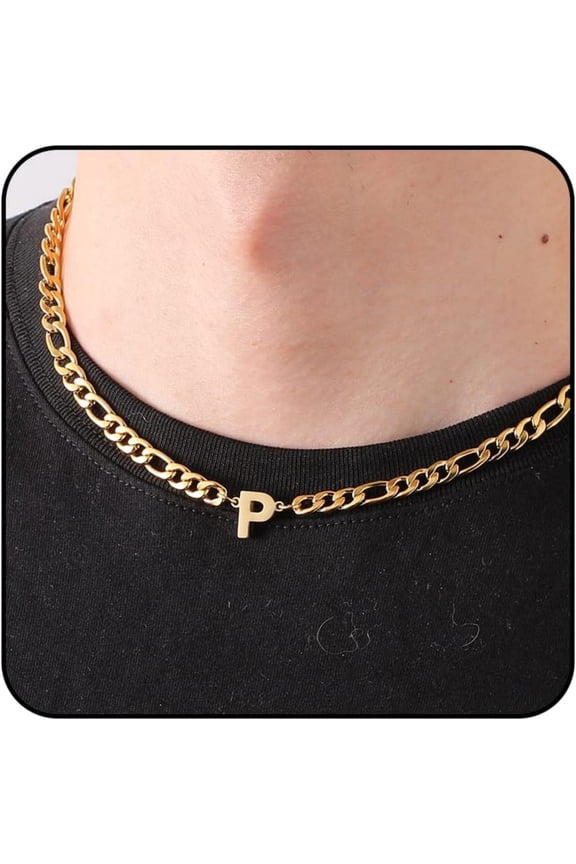 Gold Initial Necklaces for Men Boys Women Stainless Steel Figaro Letter P Pendent Chain Birthday Easter Basket Stuffers Jewelry Gifts Teen Him Boyfriend Adults Male Son Tween Kids Age Ideas