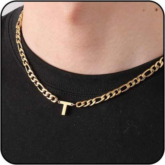 APSVO Gold Initial Necklaces for Men Boys Women Stainless Steel Figaro Letter T Pendent Chain Birthday Valentines Day Jewelry Gifts Teen Him Boyfriend Husband Adults Male Son Tween Kids Age Ideas
