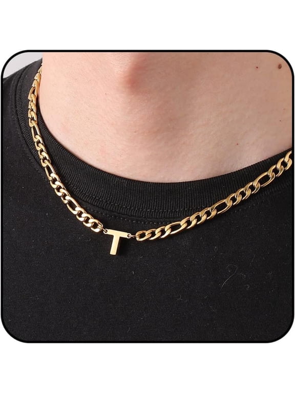 Gold Initial Necklaces for Men Boys Women Stainless Steel Figaro Letter T Pendent Chain Birthday Graduation Fathers Day Jewelry Gifts Teen Him Dad Boyfriend Adults Male Son Kids Age Ideas
