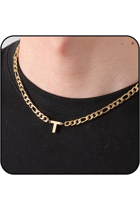Gold Initial Necklaces for Men Boys Women Stainless Steel Figaro Letter T Pendent Chain Birthday Valentines Day Jewelry Gifts Teen Him Boyfriend Husband Adults Male Son Tween Kids Age Ideas