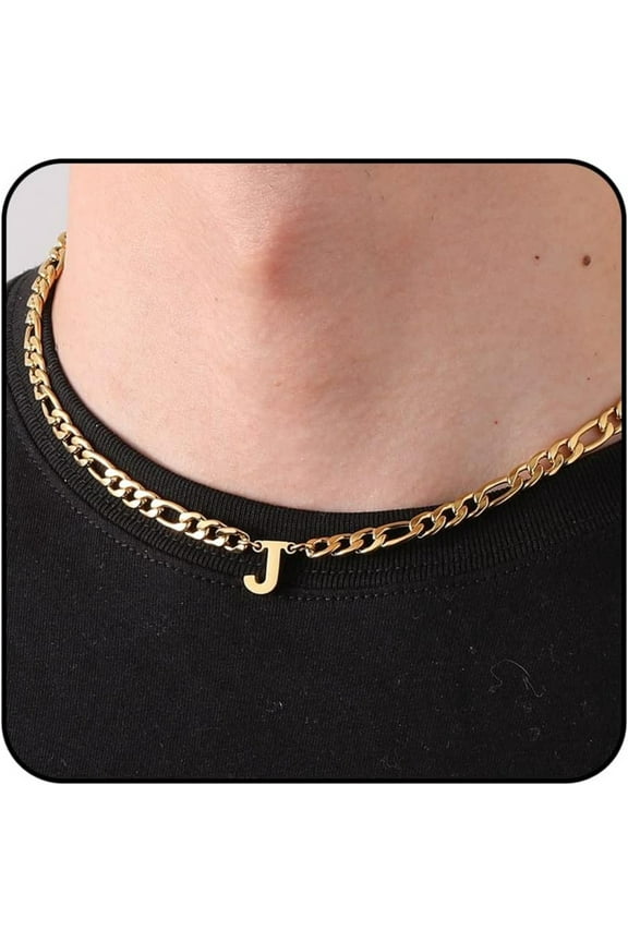 Gold Initial Necklaces for Men Boys Women Stainless Steel Figaro Letter J Pendent Chain Birthday Easter Basket Stuffers Jewelry Gifts Teen Him Boyfriend Adults Male Son Tween Kids Age Ideas