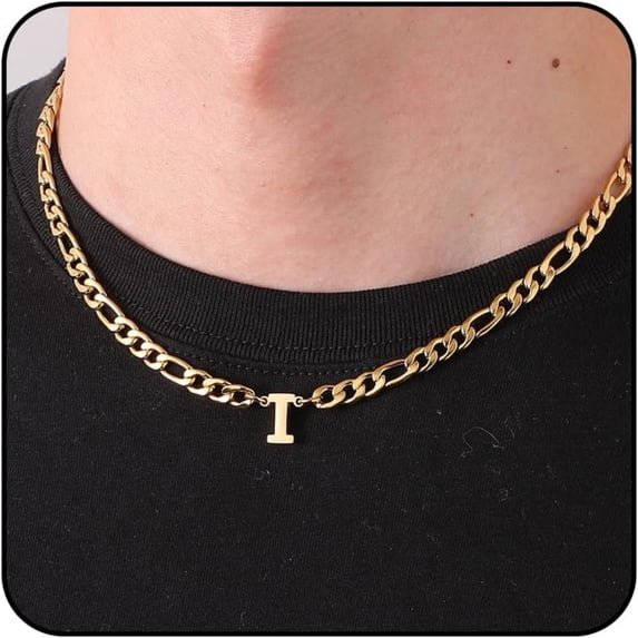 APSVO Gold Initial Necklaces for Men Boys Women Stainless Steel Figaro Letter I Pendent Chain Birthday Graduation Fathers Day Jewelry Gifts Teen Him Dad Boyfriend Adults Male Son Kids Age Ideas