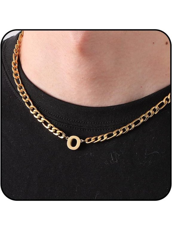 Gold Initial Necklaces for Men Boys Women Stainless Steel Figaro Letter O Pendent Chain Birthday Graduation Fathers Day Jewelry Gifts Teen Him Dad Boyfriend Adults Male Son Kids Age Ideas