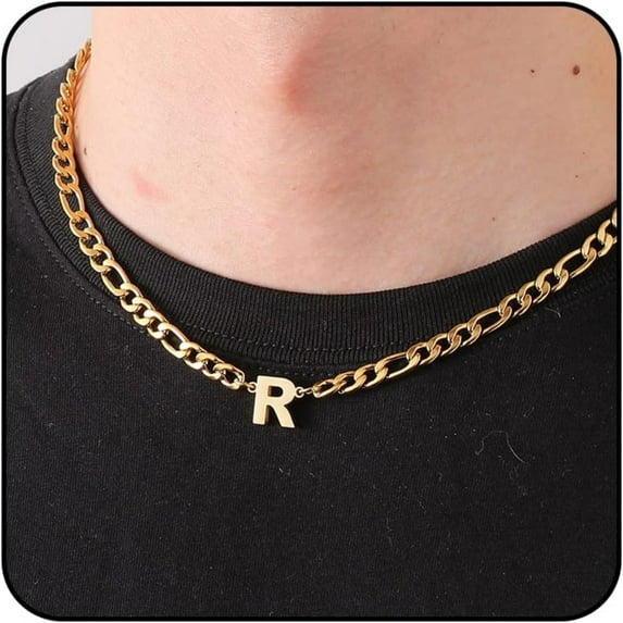 APSVO Gold Initial Necklaces for Men Boys Women Stainless Steel Figaro Letter R Pendent Chain Birthday Valentines Day Jewelry Gifts Teen Him Boyfriend Husband Adults Male Son Tween Kids Age Ideas