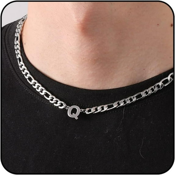 APSVO Silver Initial Necklaces for Men Boys Women Stainless Steel Figaro Letter Q Pendent Chain Birthday Valentines Day Jewelry Gifts Teen Him Boyfriend Husband Adults Male Son Tween Kids Age Ideas