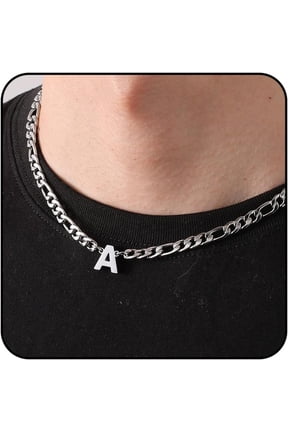 Silver Initial Necklaces for Men Boys Women Stainless Steel Figaro Letter A Pendent Chain Birthday Graduation Fathers Day Jewelry Gifts Teen Him Dad Boyfriend Adults Male Son Kids Age Ideas