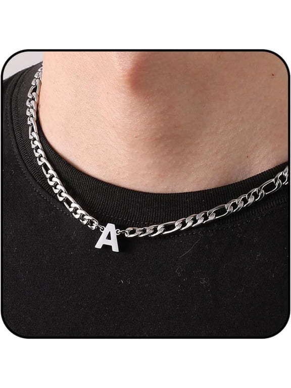 Silver Initial Necklaces for Men Boys Women Stainless Steel Figaro Letter A Pendent Chain Birthday Graduation Fathers Day Jewelry Gifts Teen Him Dad Boyfriend Adults Male Son Kids Age Ideas
