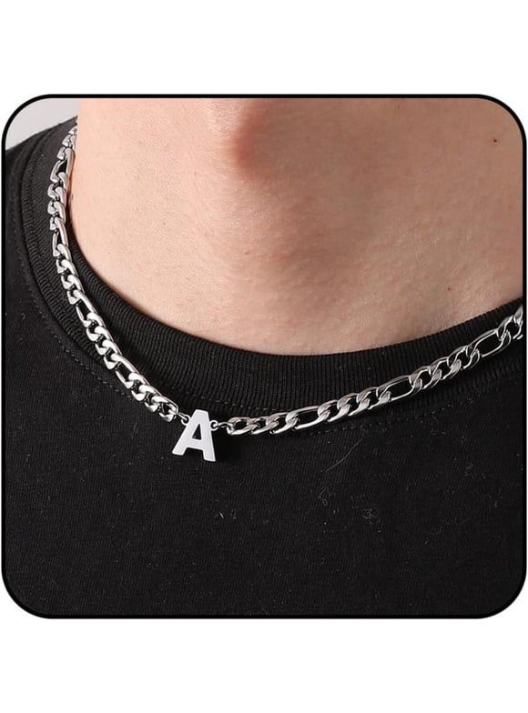 Silver Initial Necklaces for Men Boys Women Stainless Steel Figaro Letter A Pendent Chain Birthday Valentines Day Jewelry Gifts Teen Him Boyfriend Husband Adults Male Son Tween Kids Age Ideas
