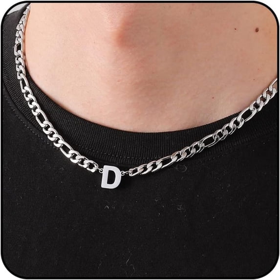 APSVO Silver Initial Necklaces for Men Boys Women Stainless Steel Figaro Letter D Pendent Chain Birthday Graduation Fathers Day Jewelry Gifts Teen Him Dad Boyfriend Adults Male Son Kids Age Ideas