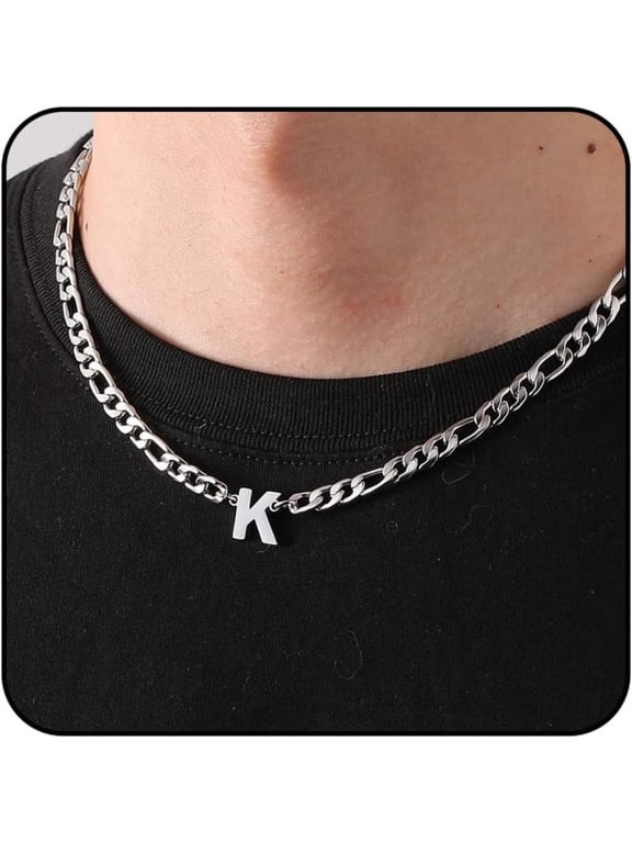 Silver Initial Necklaces for Men Boys Women Stainless Steel Figaro Letter K Pendent Chain Birthday Graduation Fathers Day Jewelry Gifts Teen Him Dad Boyfriend Adults Male Son Kids Age Ideas